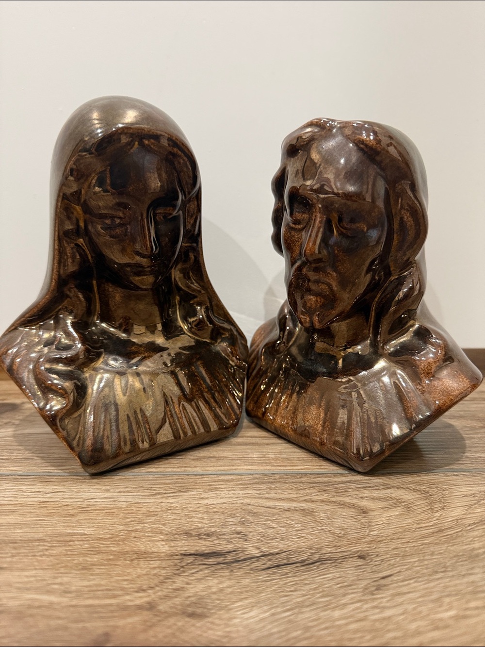 Vintage Ceramic Jesus and Mary Religious Bust Pair in Brown Glaze